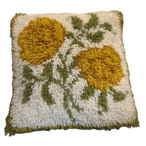 Vintage 15" Square Handmade Latch Hook Pillow Yellow Roses Floral Boho Cottage